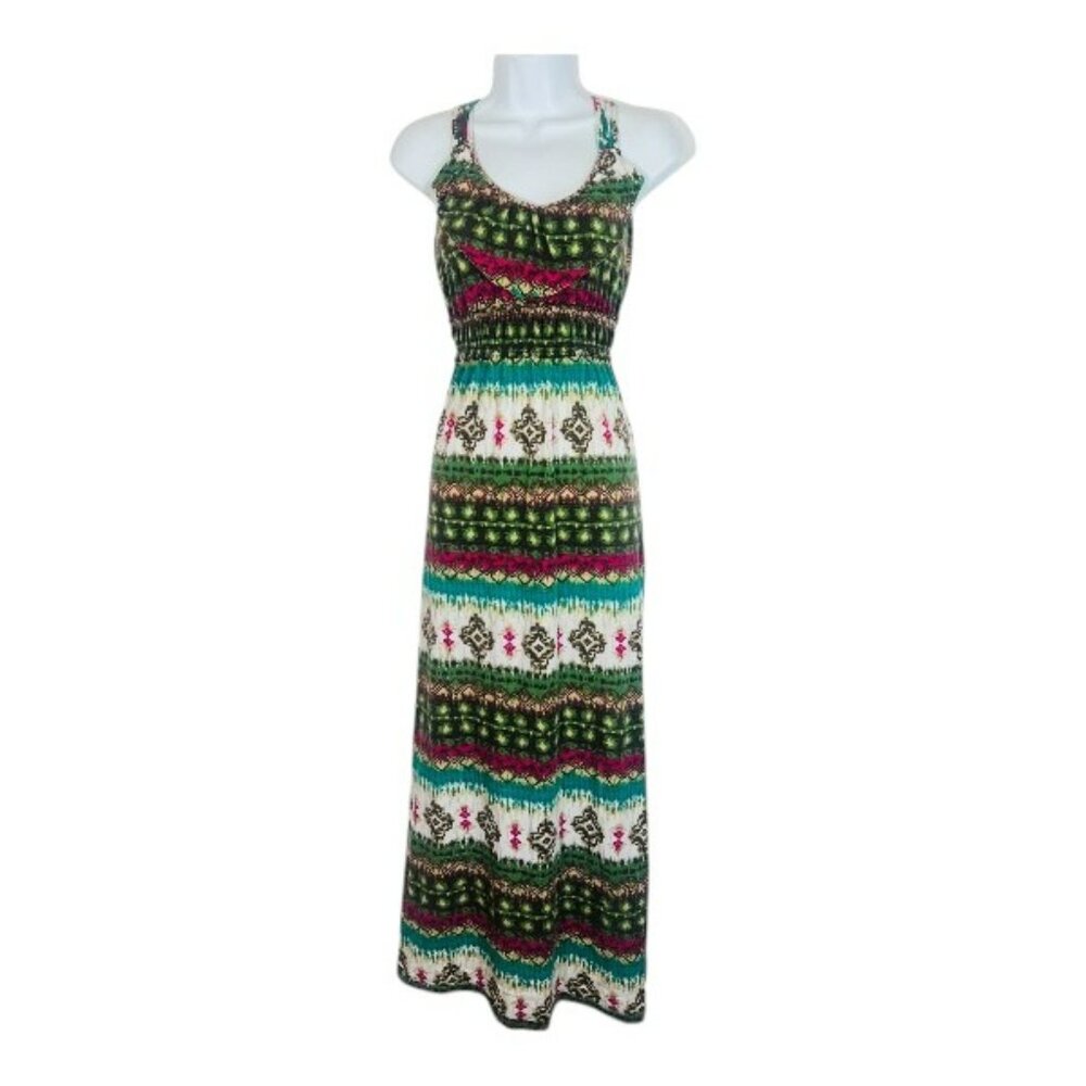 NO BOUNDERIES Women Maxi Dress LG Long Sleeveless Olive Combo Knit Stretchy